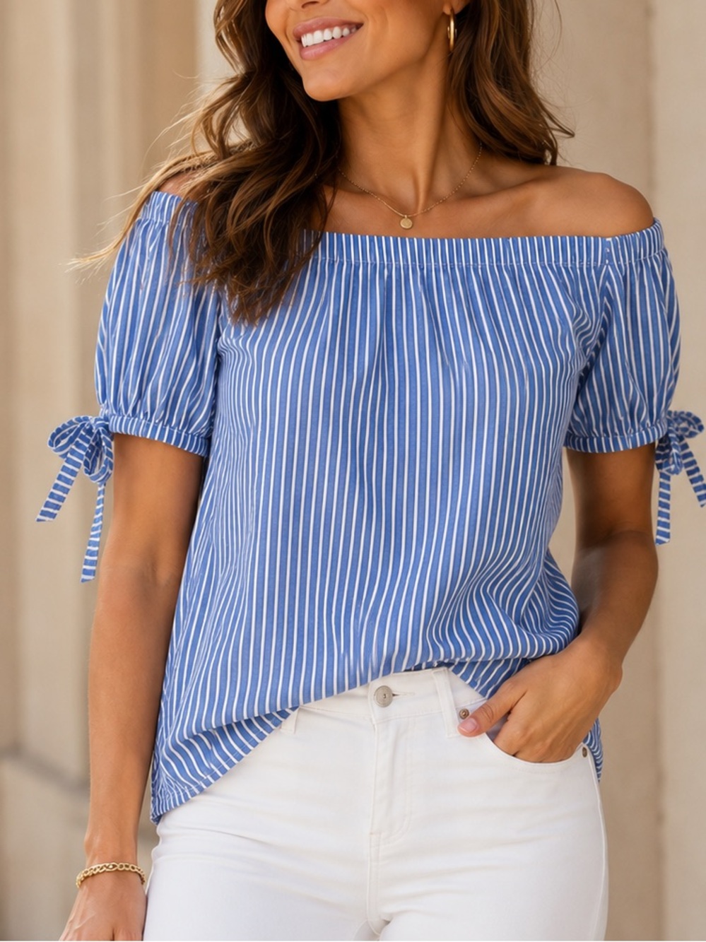 H&M Blue and White Striped Off-Shoulder Top